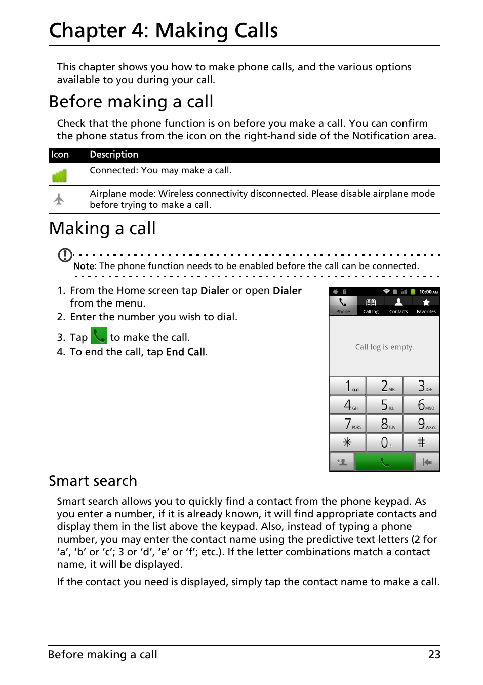 Before making a call, Making a call, Making calls | Before making a call making a call, Chapter 4: making calls, Smart search | Acer Liquid MT S120 User Manual | Page 23 / 63