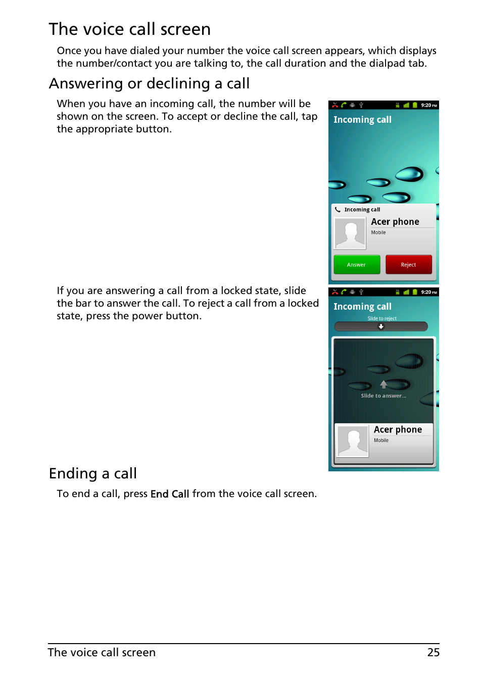 The voice call screen, Answering or declining a call, Ending a call | Acer Liquid MT S120 User Manual | Page 25 / 63