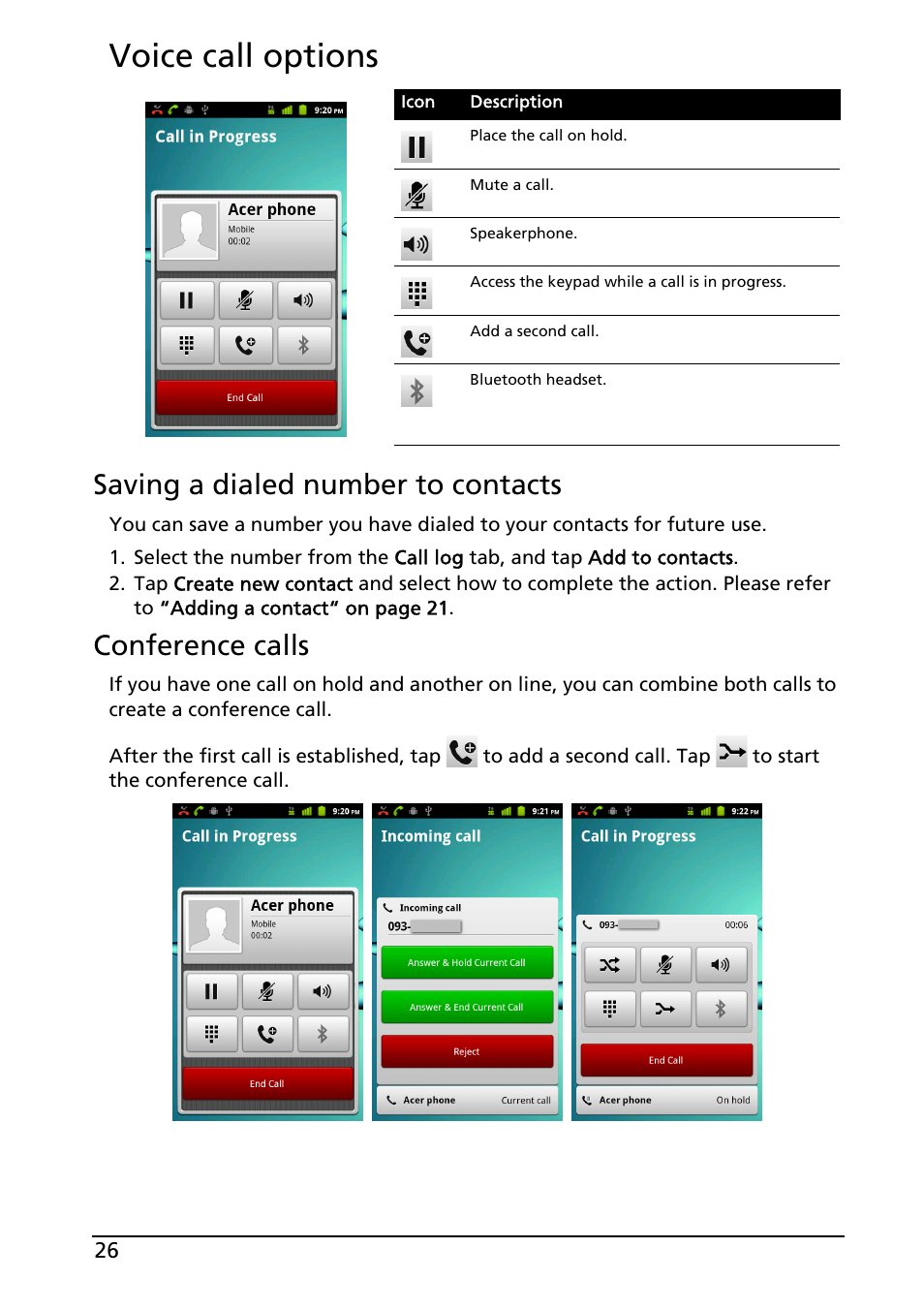 Voice call options, Saving a dialed number to contacts, Conference calls | Acer Liquid MT S120 User Manual | Page 26 / 63