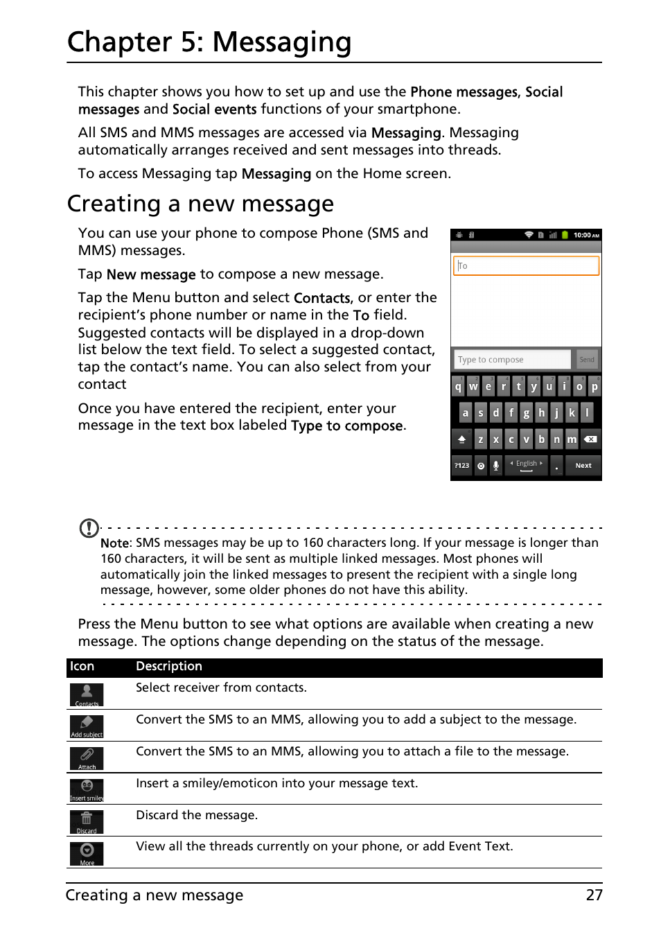 Creating a new message, Messaging, Chapter 5: messaging | Acer Liquid MT S120 User Manual | Page 27 / 63