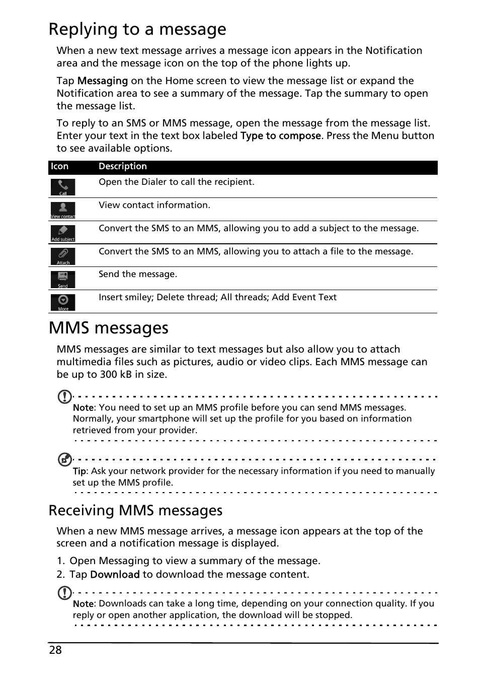 Replying to a message, Mms messages, Replying to a message mms messages | Receiving mms messages | Acer Liquid MT S120 User Manual | Page 28 / 63