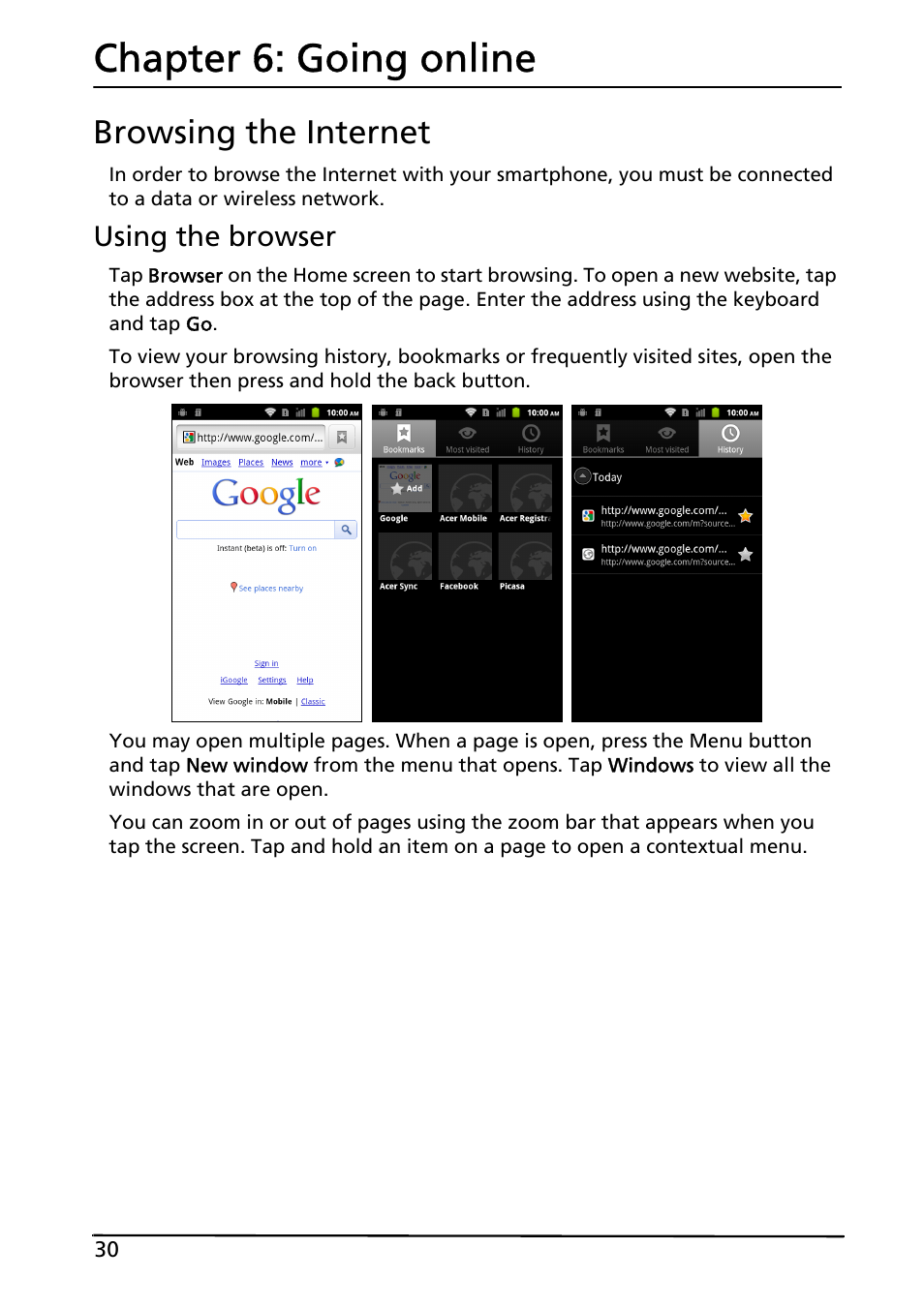 Browsing the internet, Going online, Chapter 6: going online | Acer Liquid MT S120 User Manual | Page 30 / 63