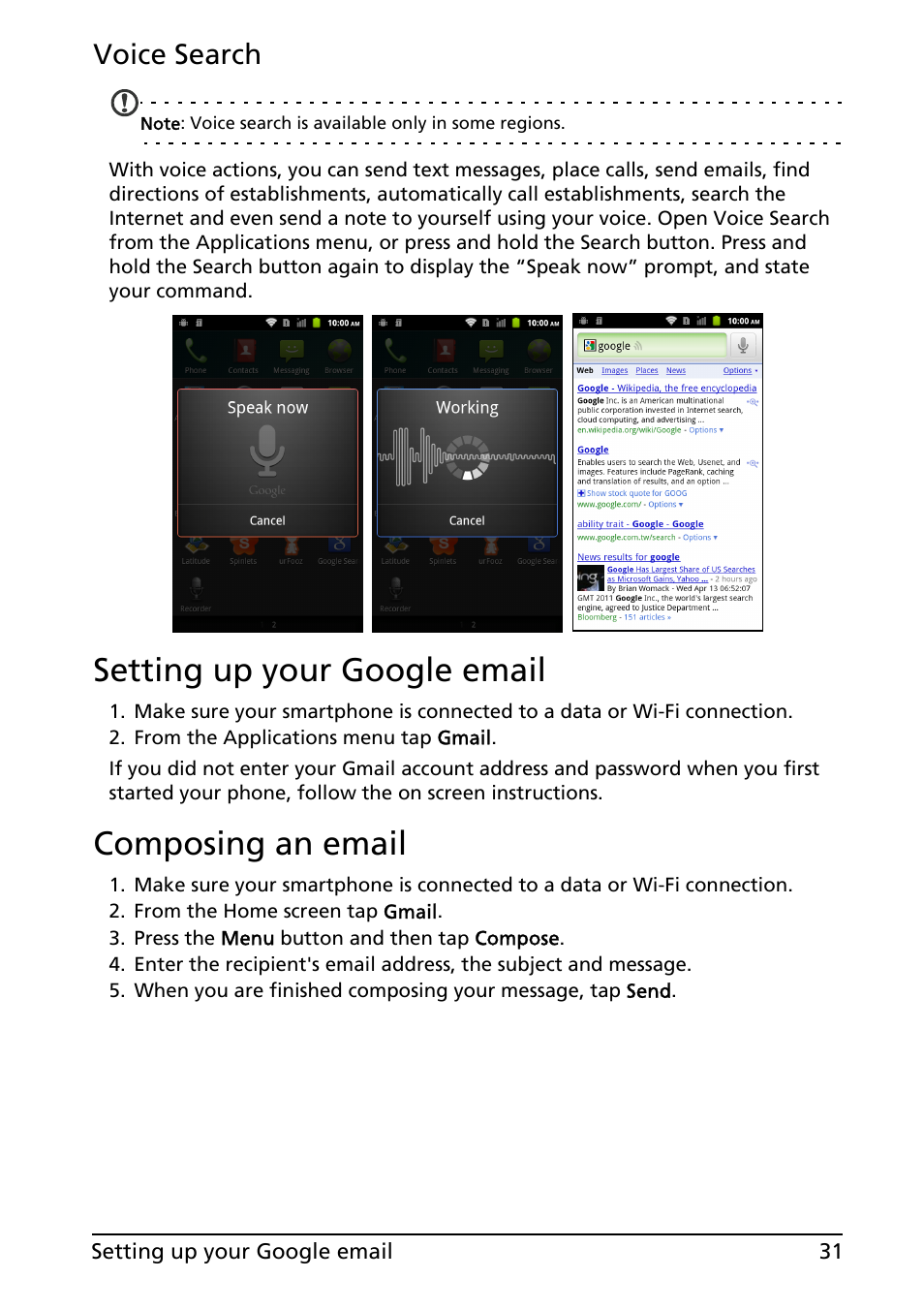 Setting up your google email, Composing an email, Setting up your google email composing an email | Voice search | Acer Liquid MT S120 User Manual | Page 31 / 63