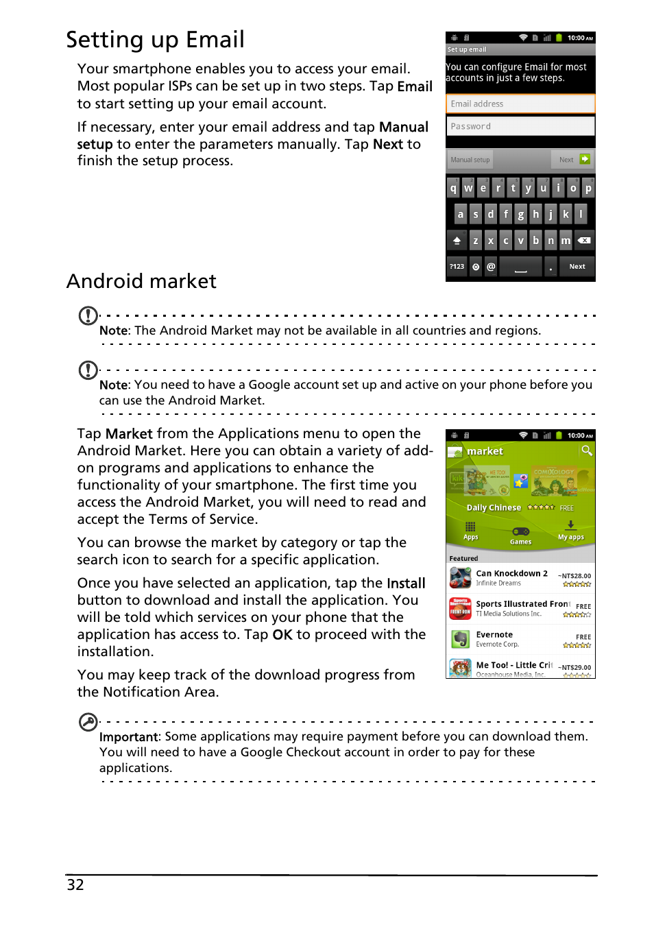 Setting up email, Android market | Acer Liquid MT S120 User Manual | Page 32 / 63