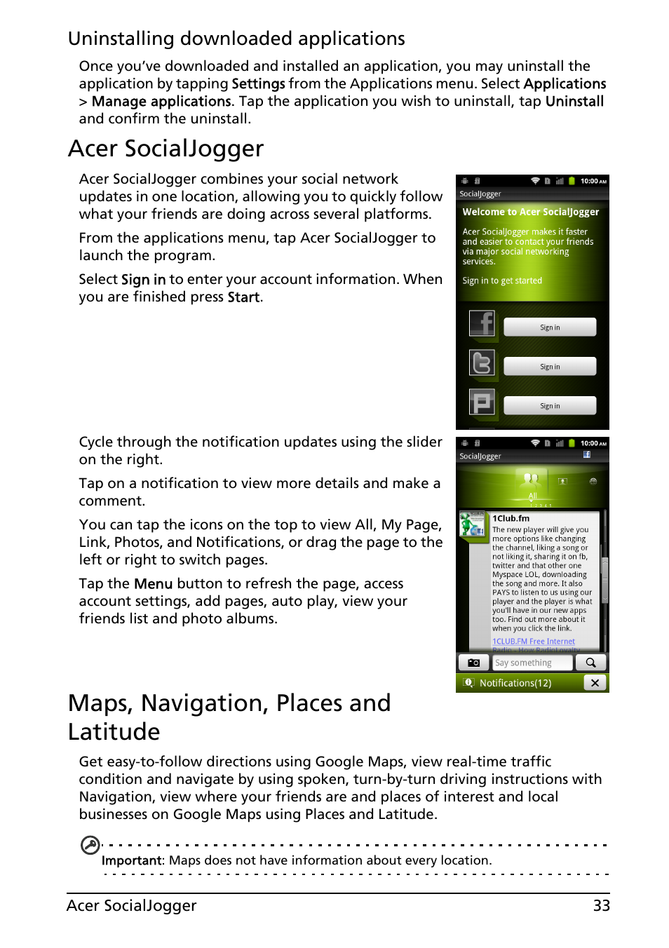 Acer socialjogger, Maps, navigation, places and latitude | Acer Liquid MT S120 User Manual | Page 33 / 63