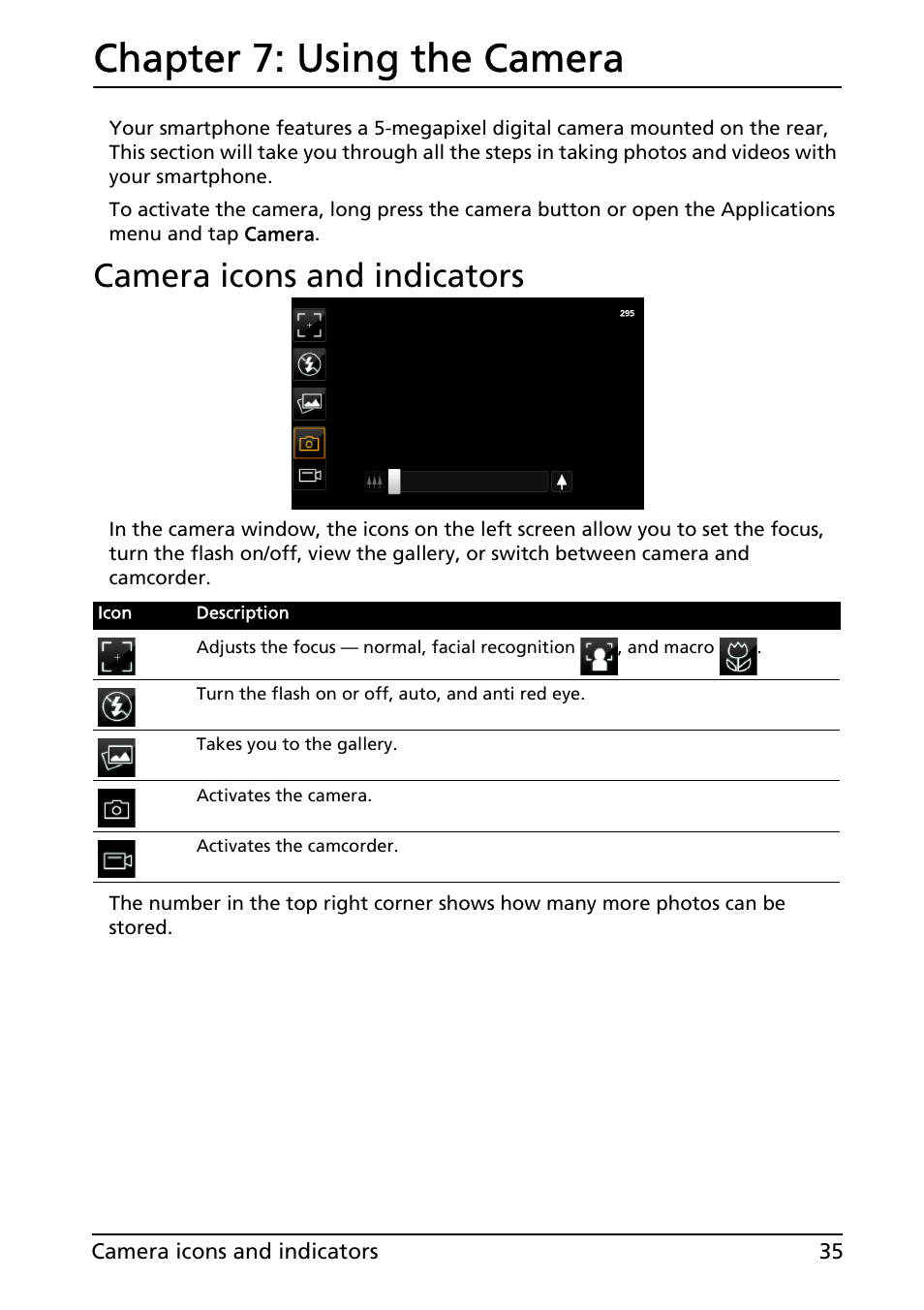 Camera icons and indicators, Using the camera, Chapter 7: using the camera | Acer Liquid MT S120 User Manual | Page 35 / 63