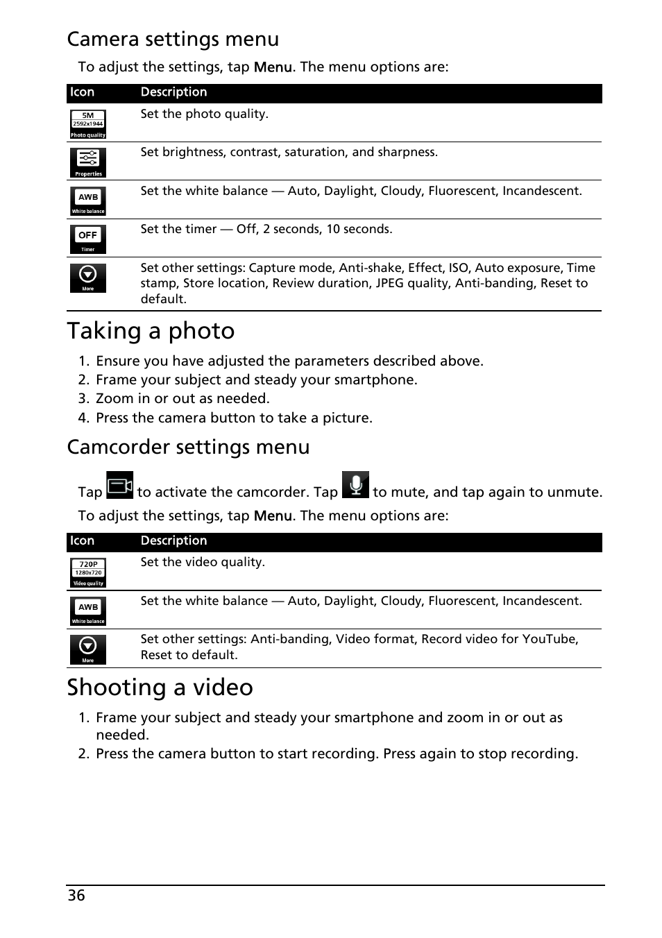 Taking a photo, Shooting a video, Camera settings menu | Camcorder settings menu | Acer Liquid MT S120 User Manual | Page 36 / 63