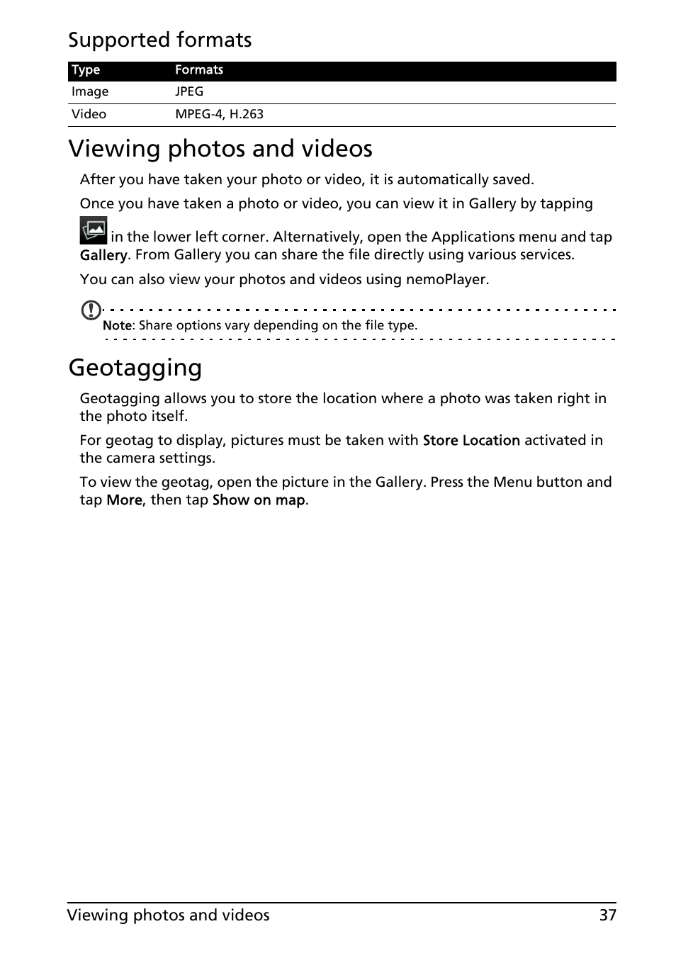 Viewing photos and videos, Geotagging, Viewing photos and videos geotagging | Supported formats | Acer Liquid MT S120 User Manual | Page 37 / 63