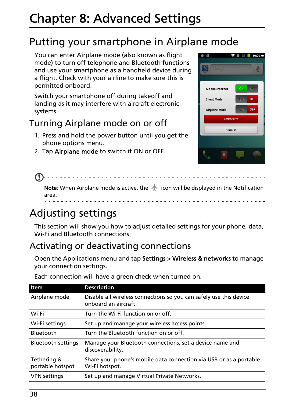 Putting your smartphone in airplane mode, Adjusting settings, Advanced settings | Chapter 8: advanced settings, Turning airplane mode on or off, Activating or deactivating connections | Acer Liquid MT S120 User Manual | Page 38 / 63