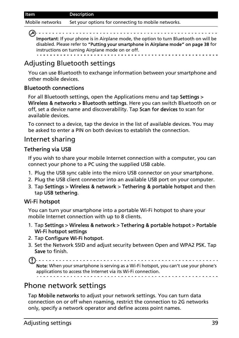 Phone network settings, Adjusting bluetooth settings, Internet sharing | Acer Liquid MT S120 User Manual | Page 39 / 63