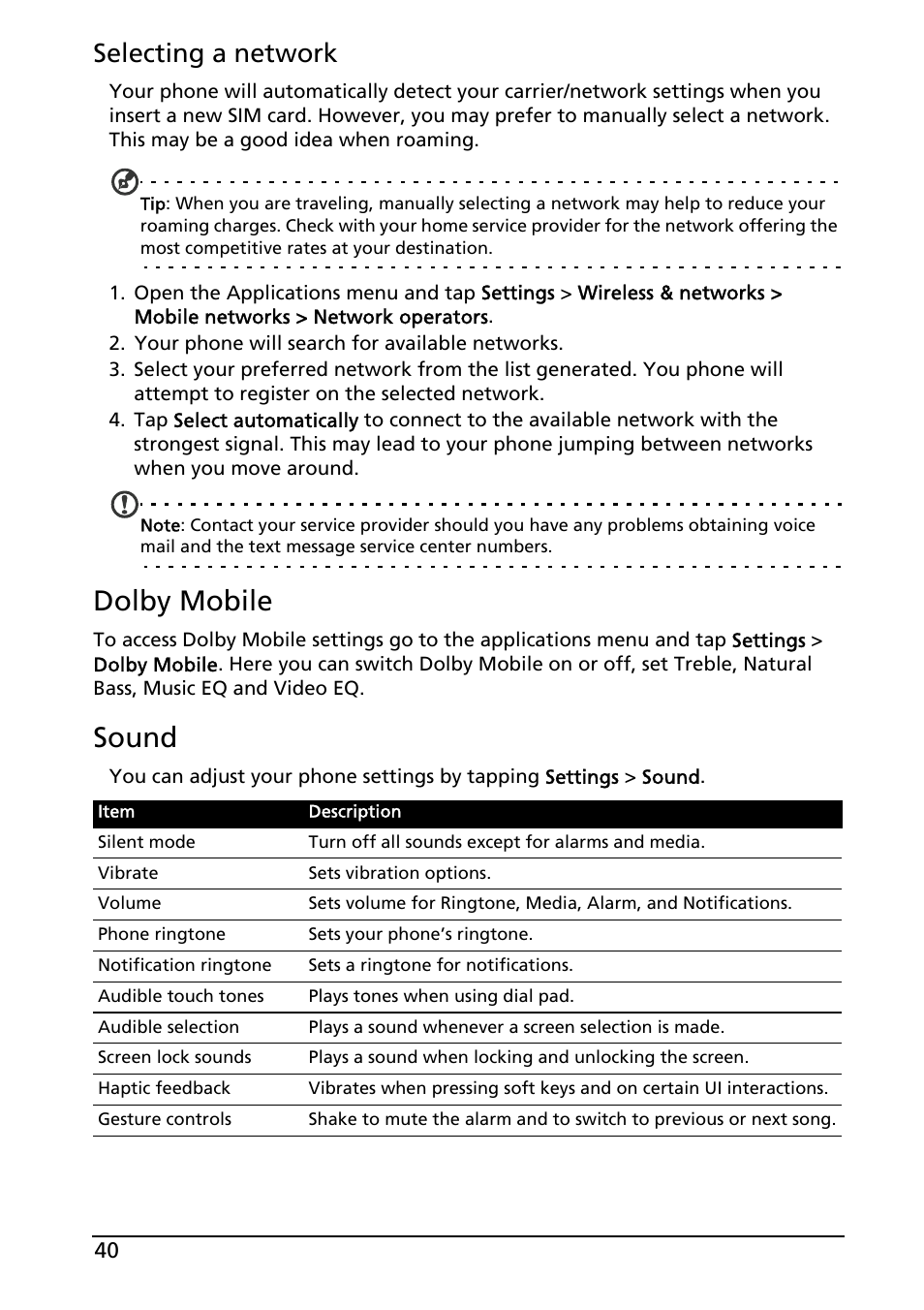 Dolby mobile, Sound, Selecting a network | Acer Liquid MT S120 User Manual | Page 40 / 63