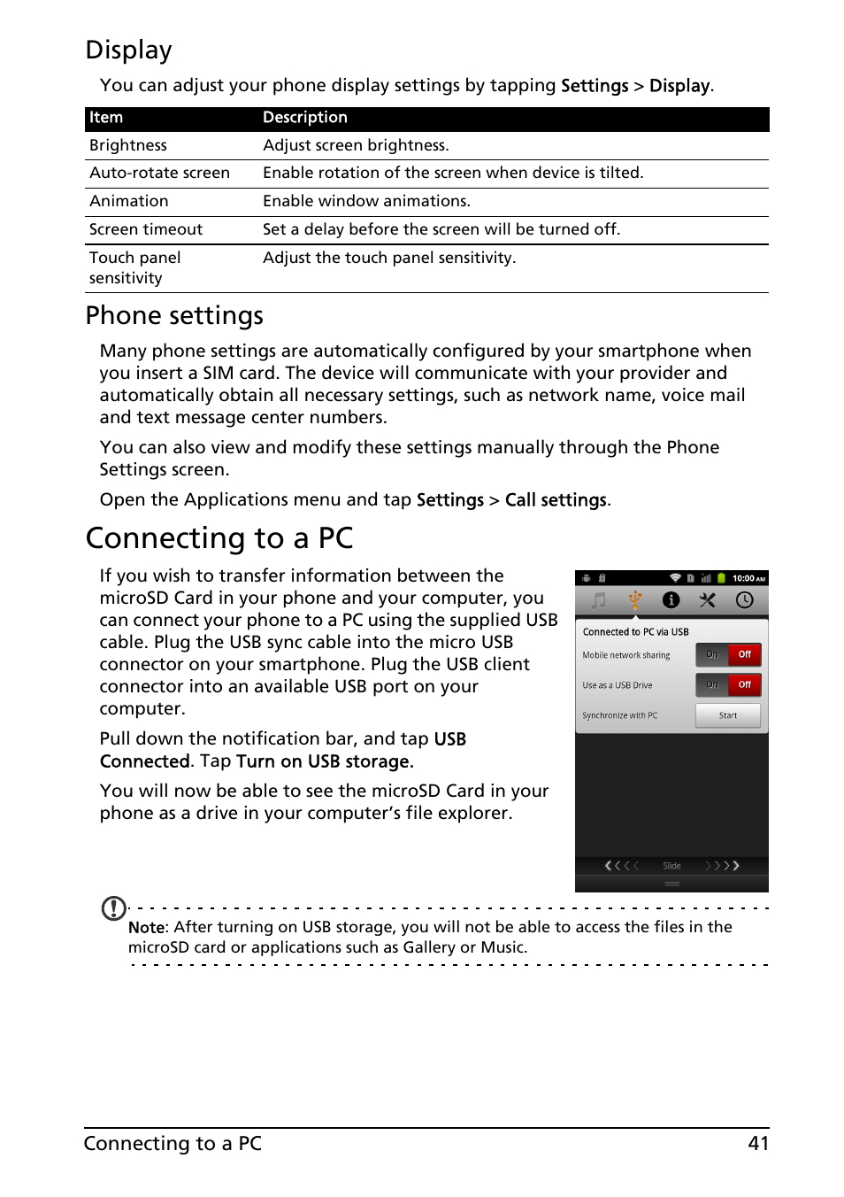 Connecting to a pc, Display, Phone settings | Acer Liquid MT S120 User Manual | Page 41 / 63