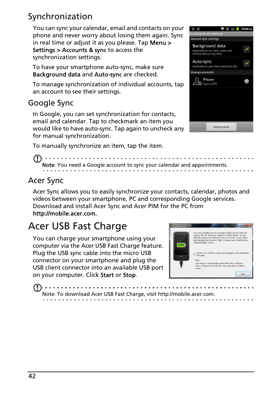 Acer usb fast charge, Synchronization, Google sync | Acer sync | Acer Liquid MT S120 User Manual | Page 42 / 63