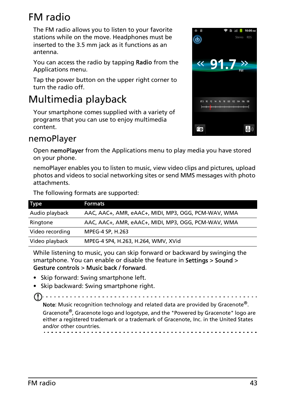 Fm radio, Multimedia playback, Fm radio multimedia playback | Nemoplayer | Acer Liquid MT S120 User Manual | Page 43 / 63