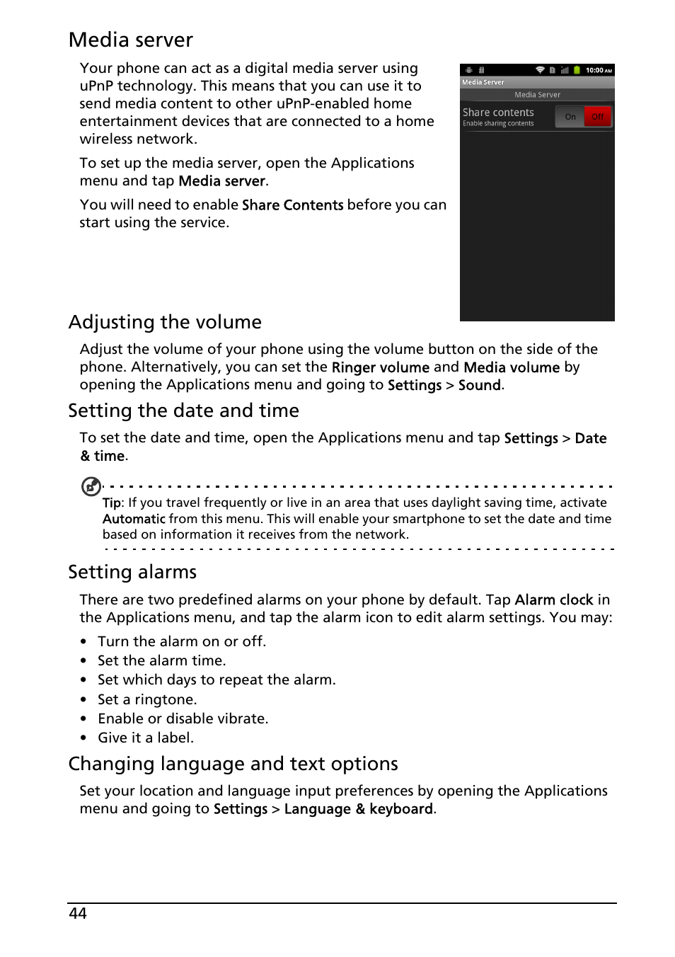 Media server, Adjusting the volume, Setting the date and time | Setting alarms, Changing language and text options | Acer Liquid MT S120 User Manual | Page 44 / 63