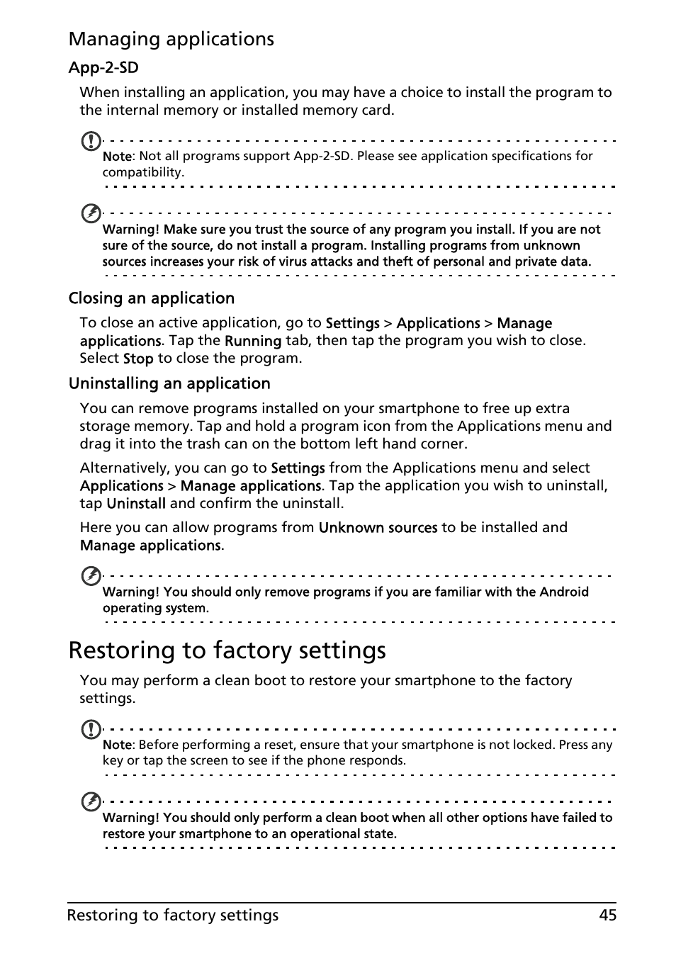 Restoring to factory settings, Managing applications | Acer Liquid MT S120 User Manual | Page 45 / 63