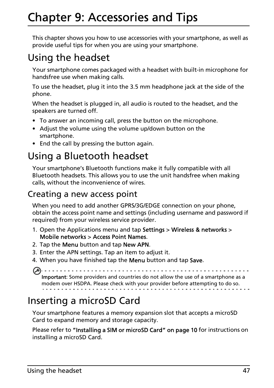 Using the headset, Using a bluetooth headset, Inserting a microsd card | Accessories and tips, Chapter 9: accessories and tips, Creating a new access point | Acer Liquid MT S120 User Manual | Page 47 / 63