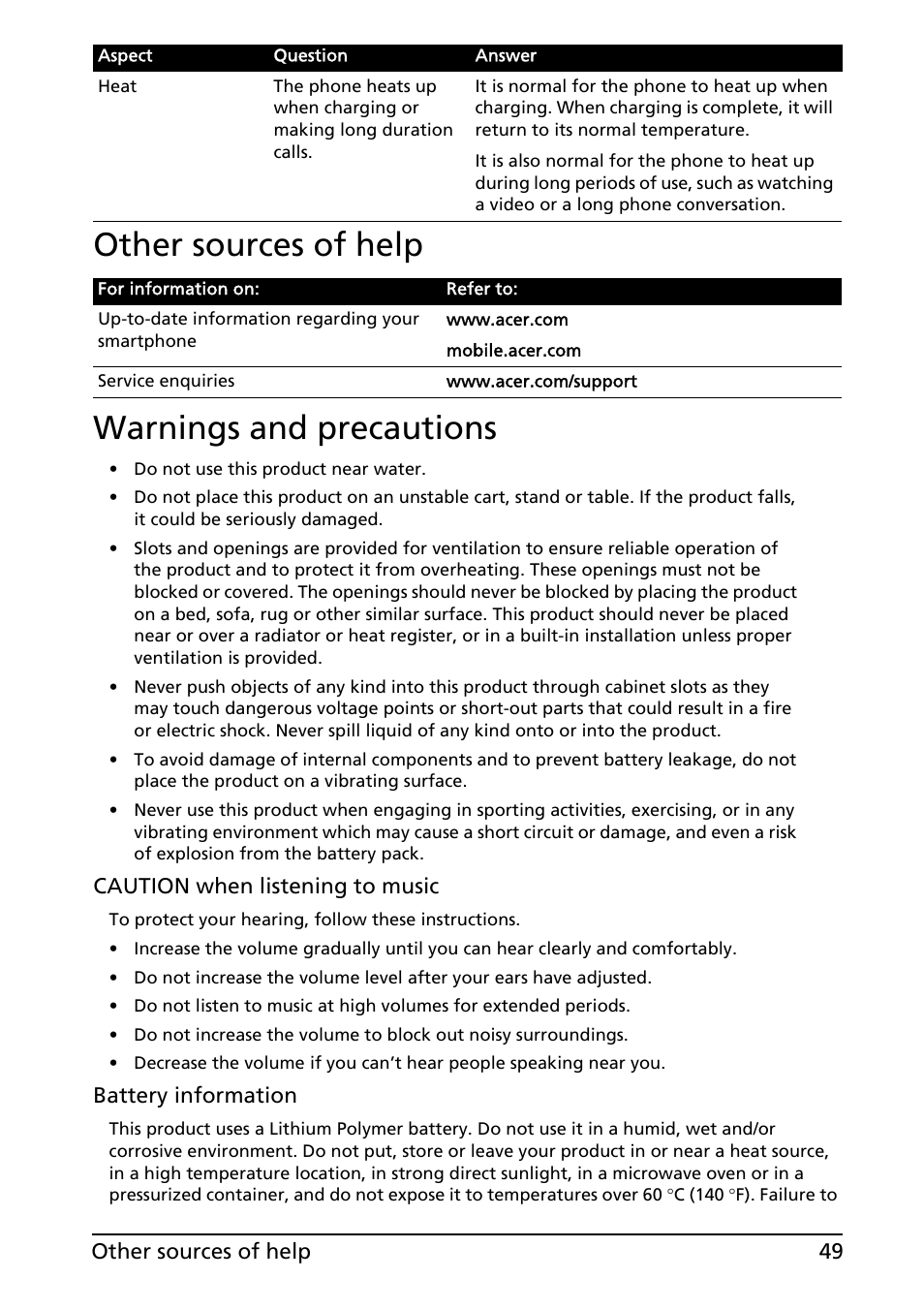 Other sources of help, Warnings and precautions, Other sources of help warnings and precautions | Acer Liquid MT S120 User Manual | Page 49 / 63