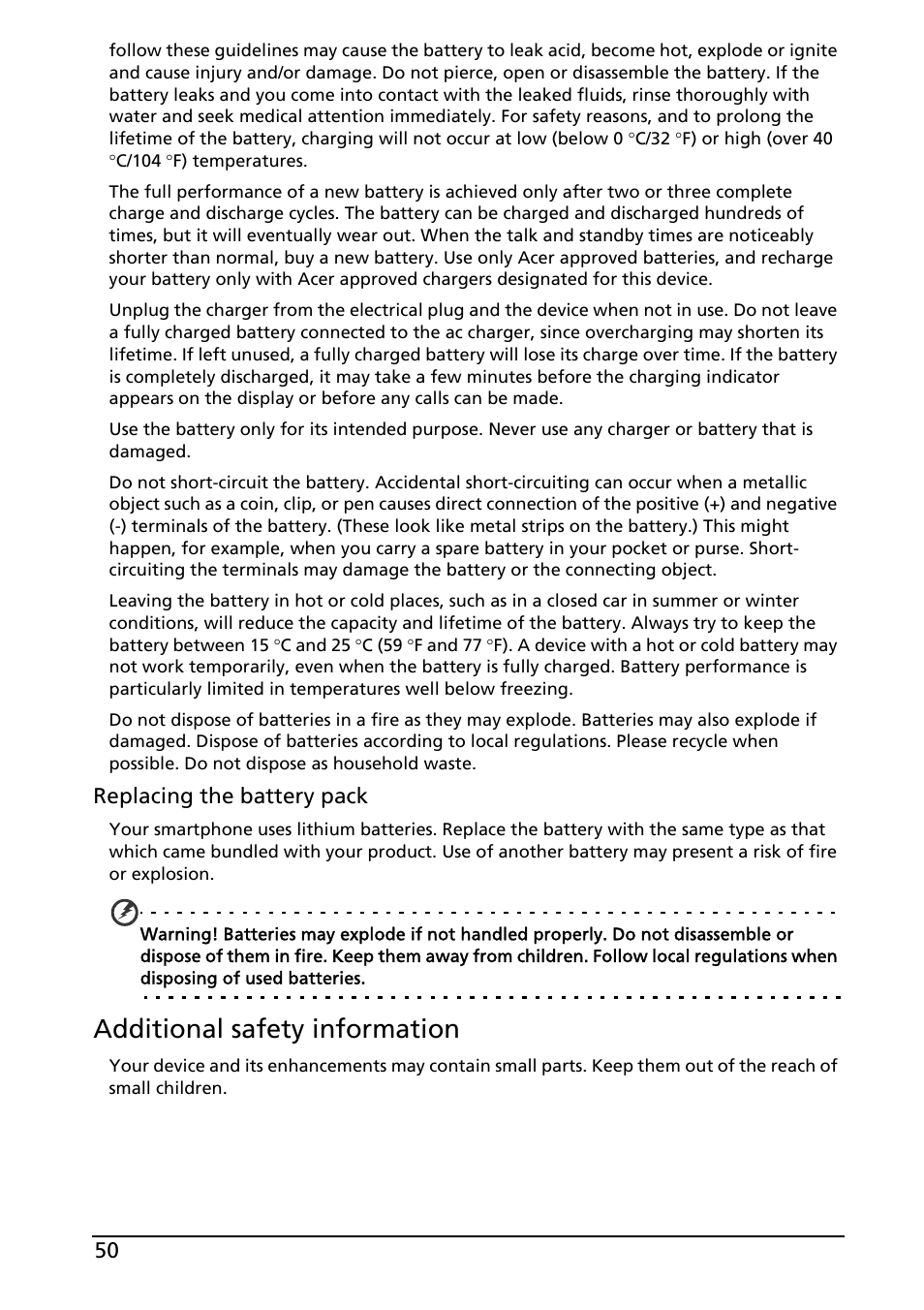 Additional safety information | Acer Liquid MT S120 User Manual | Page 50 / 63