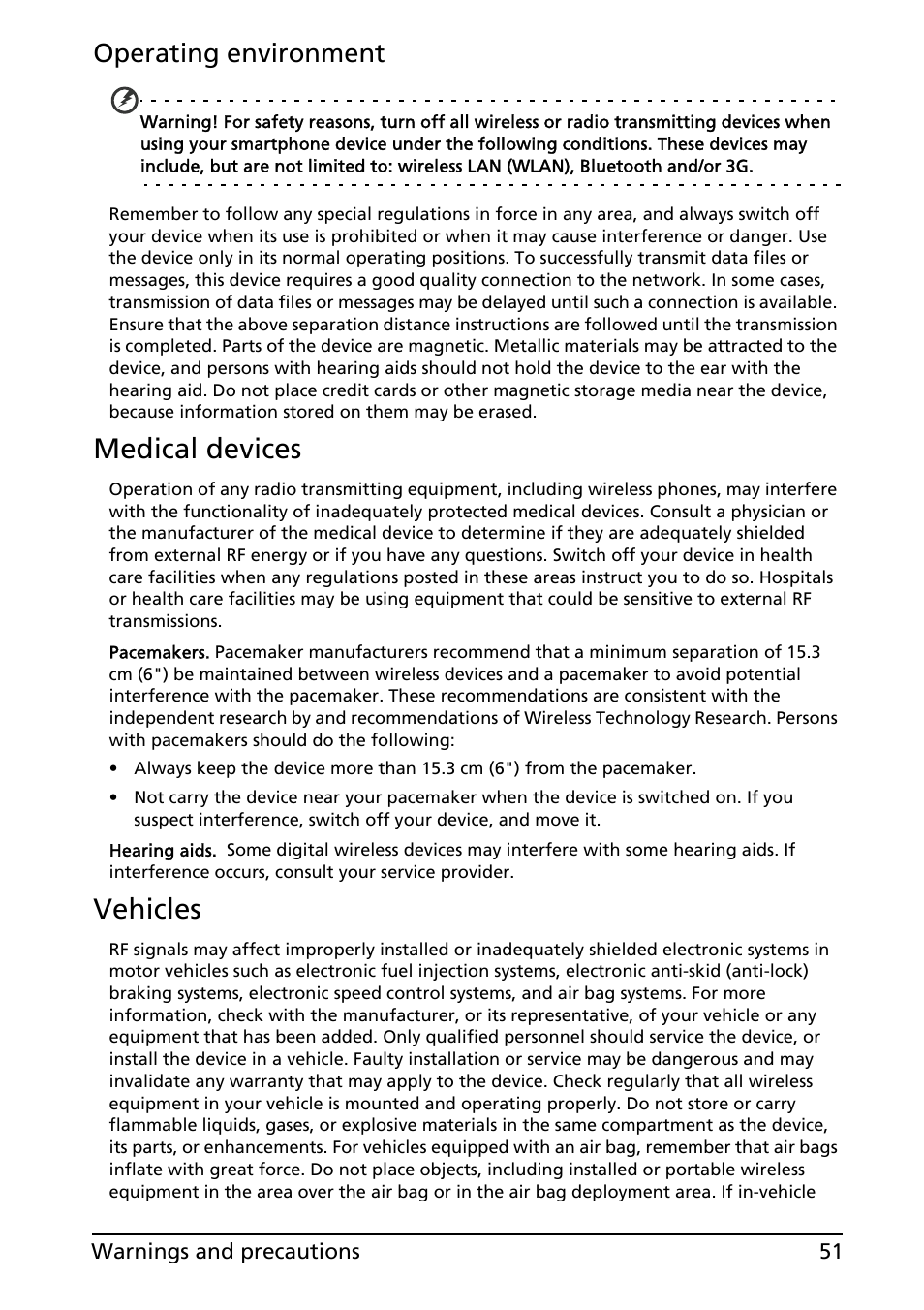 Medical devices, Vehicles, Operating environment | Acer Liquid MT S120 User Manual | Page 51 / 63