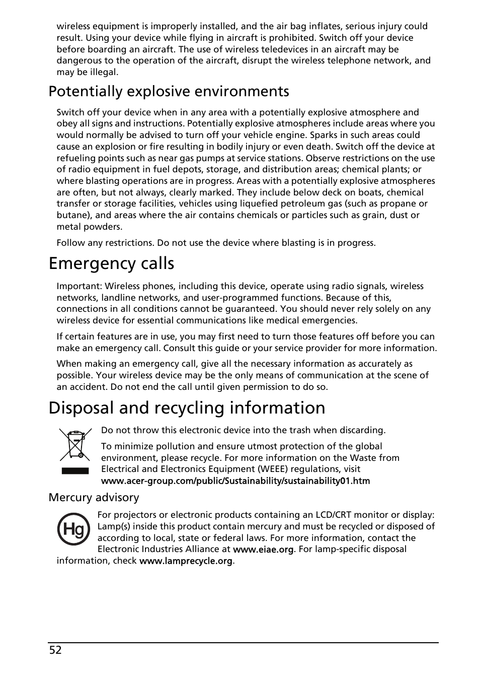 Emergency calls, Disposal and recycling information, Emergency calls disposal and recycling information | Potentially explosive environments | Acer Liquid MT S120 User Manual | Page 52 / 63