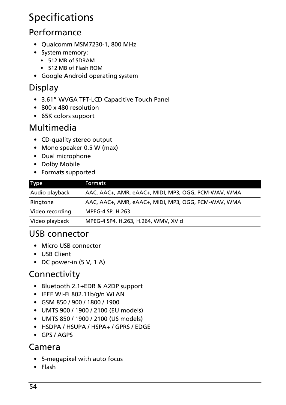 Specifications, Performance, Display | Multimedia, Usb connector, Connectivity, Camera | Acer Liquid MT S120 User Manual | Page 54 / 63