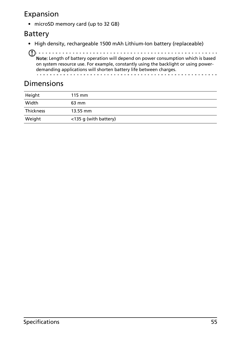 Expansion, Battery, Dimensions | Acer Liquid MT S120 User Manual | Page 55 / 63