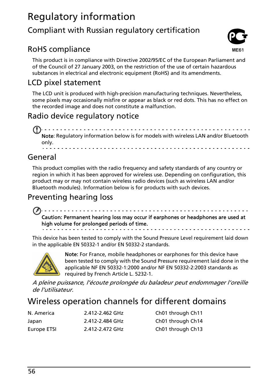 Regulatory information, Wireless operation channels for different domains, Lcd pixel statement | Radio device regulatory notice, General, Preventing hearing loss | Acer Liquid MT S120 User Manual | Page 56 / 63