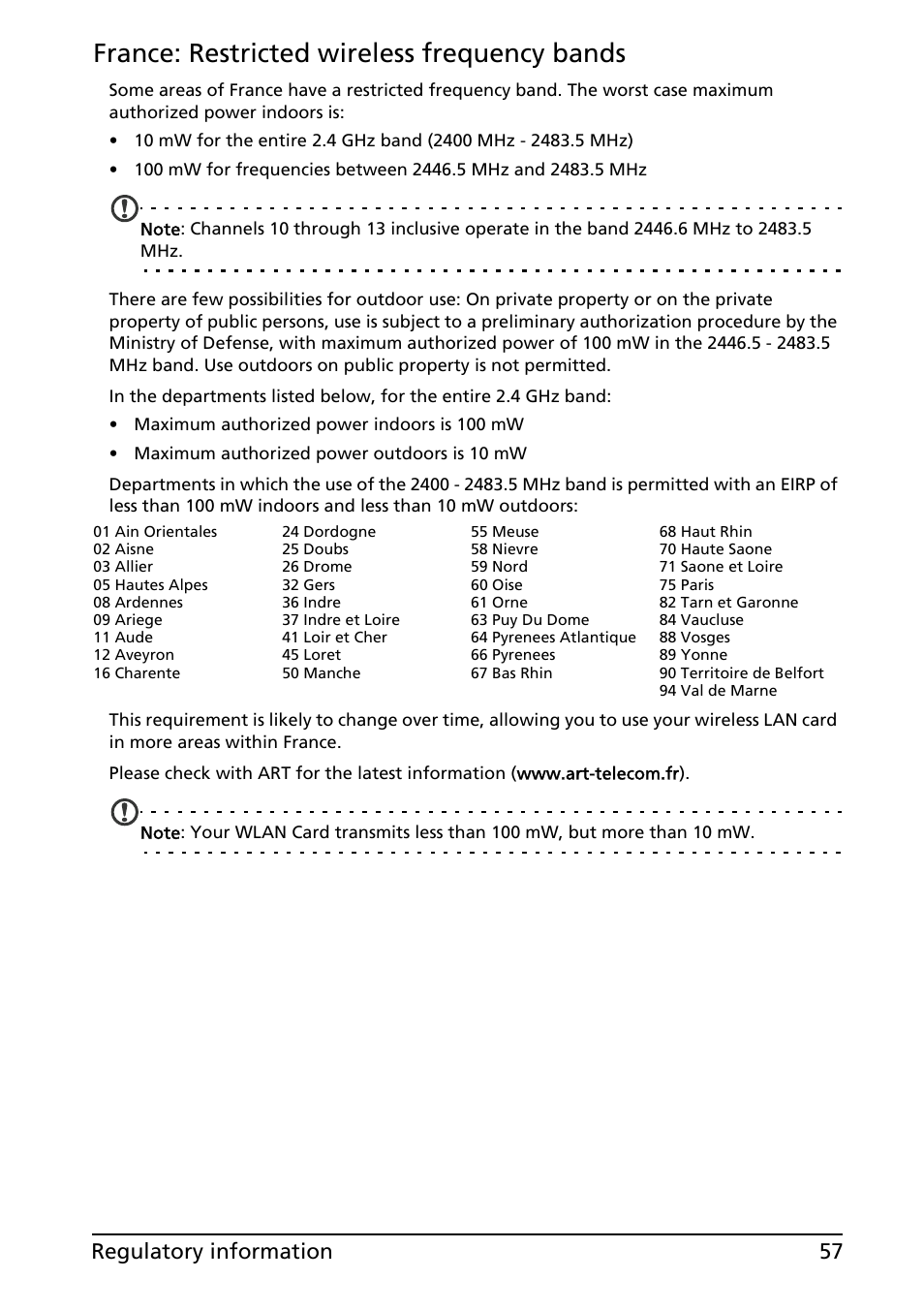 France: restricted wireless frequency bands, 57 regulatory information | Acer Liquid MT S120 User Manual | Page 57 / 63