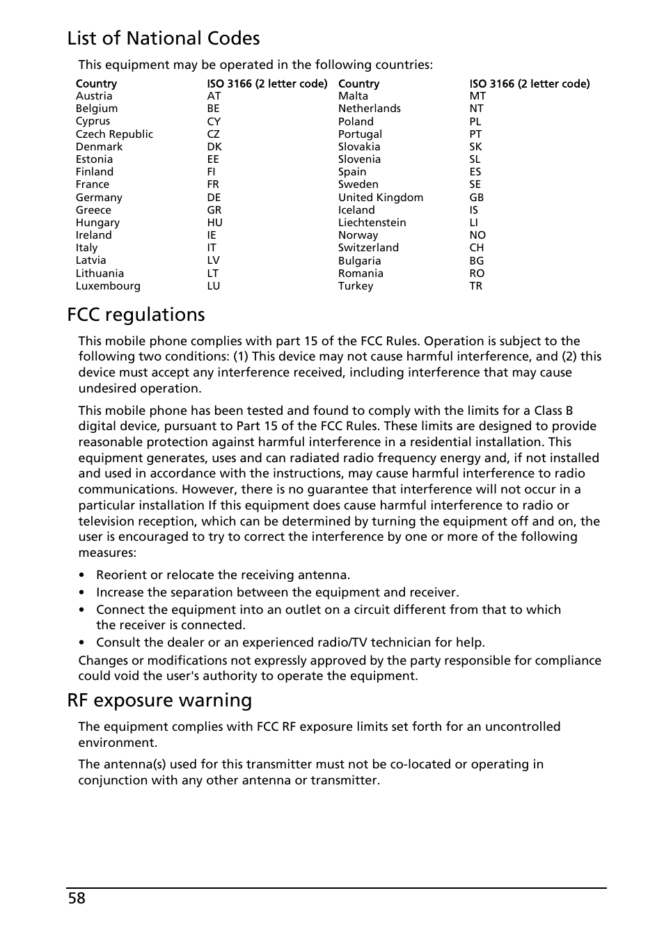 List of national codes, Fcc regulations, Rf exposure warning | Acer Liquid MT S120 User Manual | Page 58 / 63