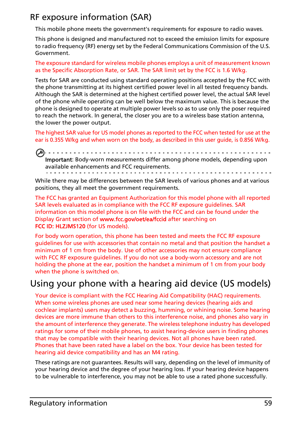 Rf exposure information (sar) | Acer Liquid MT S120 User Manual | Page 59 / 63