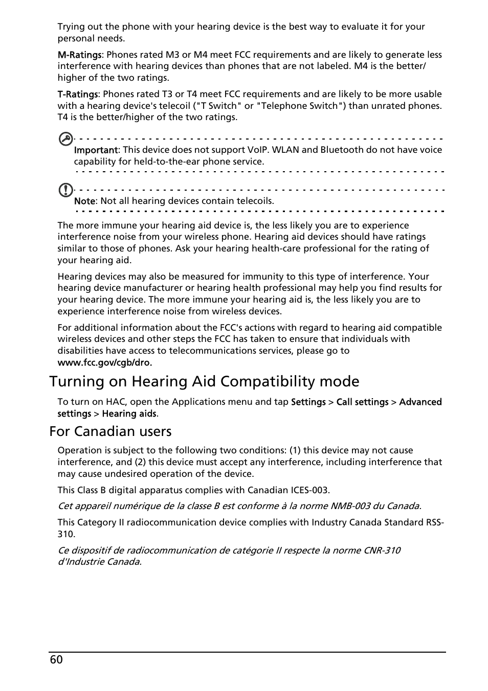 Turning on hearing aid compatibility mode, For canadian users | Acer Liquid MT S120 User Manual | Page 60 / 63