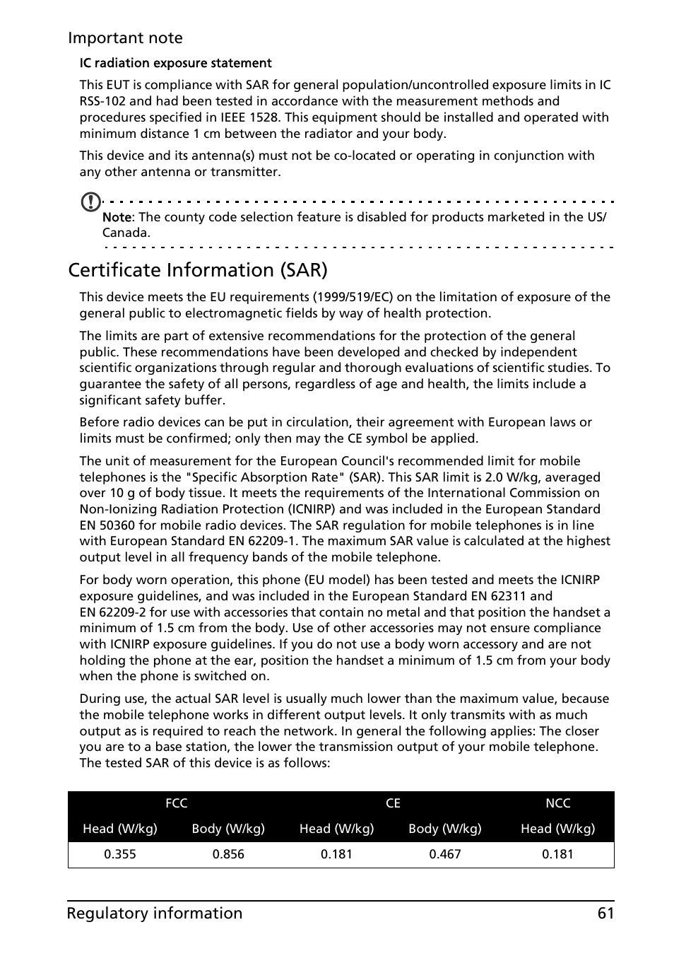 Certificate information (sar) | Acer Liquid MT S120 User Manual | Page 61 / 63