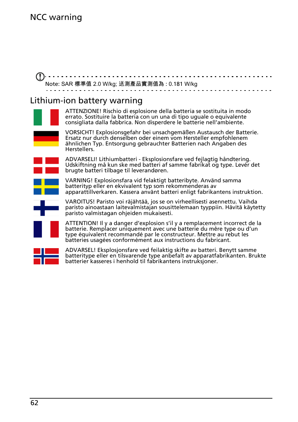 Ncc warning, Lithium-ion battery warning | Acer Liquid MT S120 User Manual | Page 62 / 63