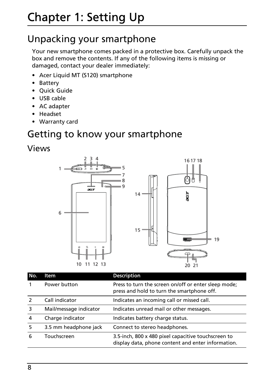 Unpacking your smartphone, Getting to know your smartphone, Setting up | Chapter 1: setting up, Views | Acer Liquid MT S120 User Manual | Page 8 / 63