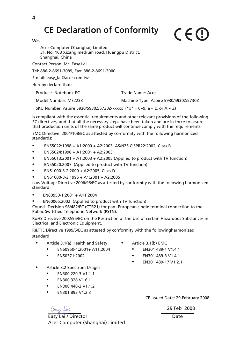 Ce declaration of conformity | Acer Aspire 5930Z User Manual | Page 4 / 15