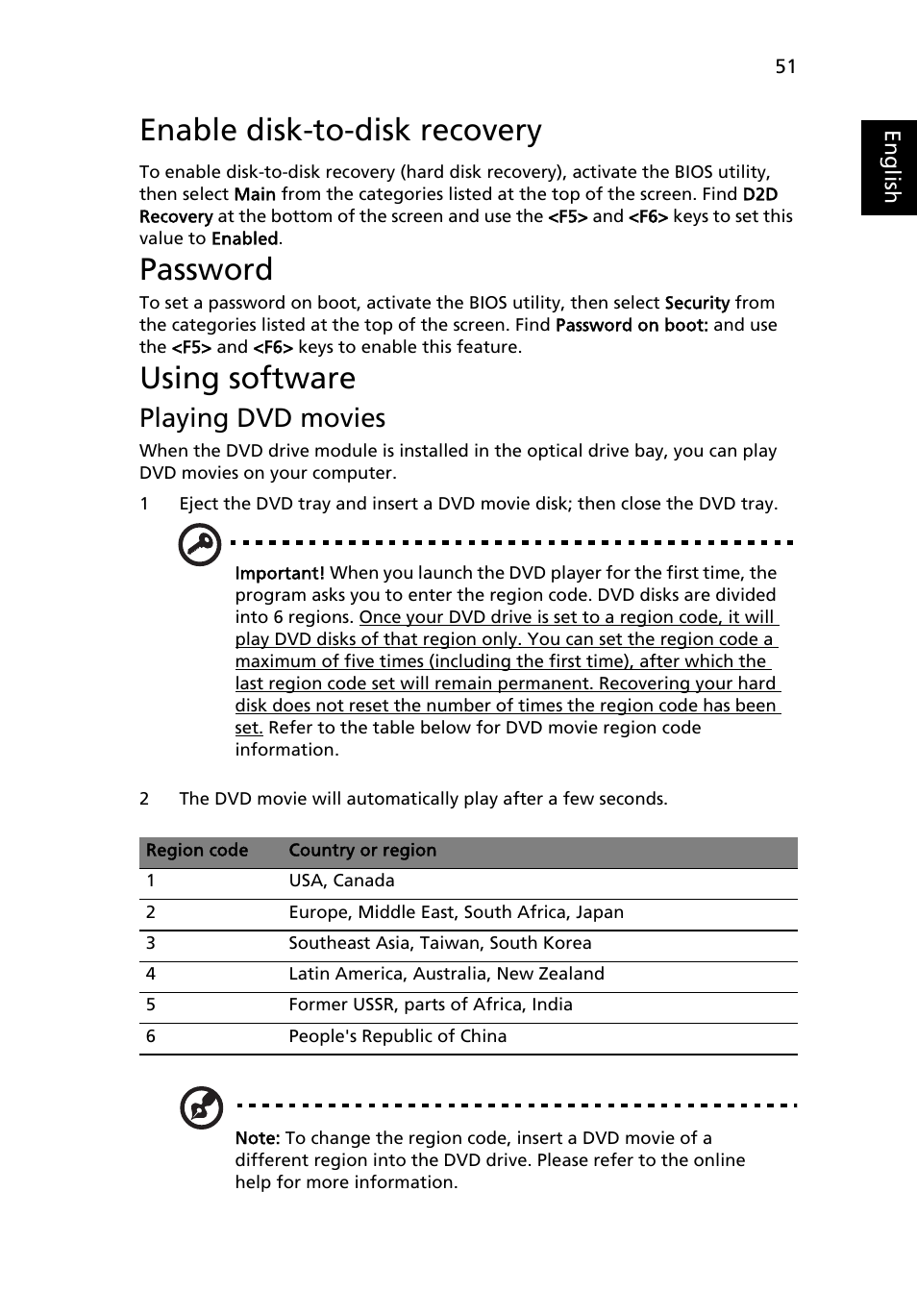 Using software, Enable disk-to-disk recovery, Password | Playing dvd movies | Acer TravelMate 2450 User Manual | Page 65 / 84