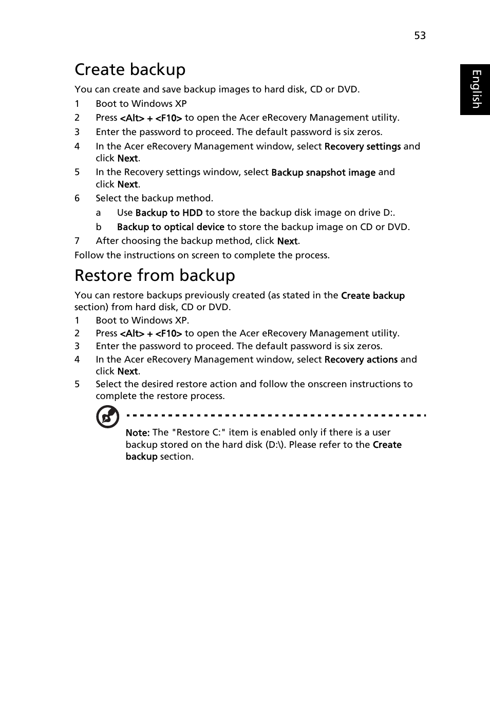 Create backup, Restore from backup | Acer TravelMate 2450 User Manual | Page 67 / 84