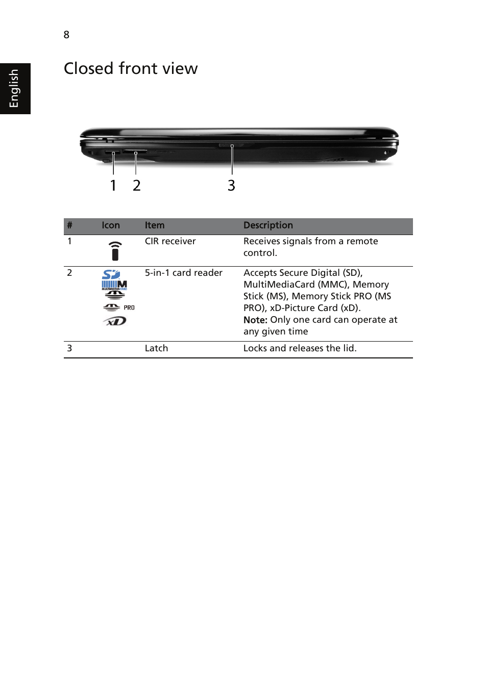 Closed front view | Acer Aspire 4930 User Manual | Page 8 / 15