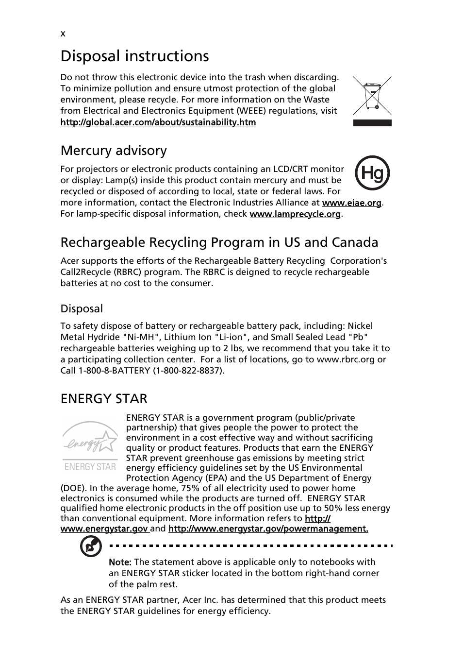 Disposal instructions, Mercury advisory, Rechargeable recycling program in us and canada | Energy star | Acer Aspire 5737Z User Manual | Page 10 / 82