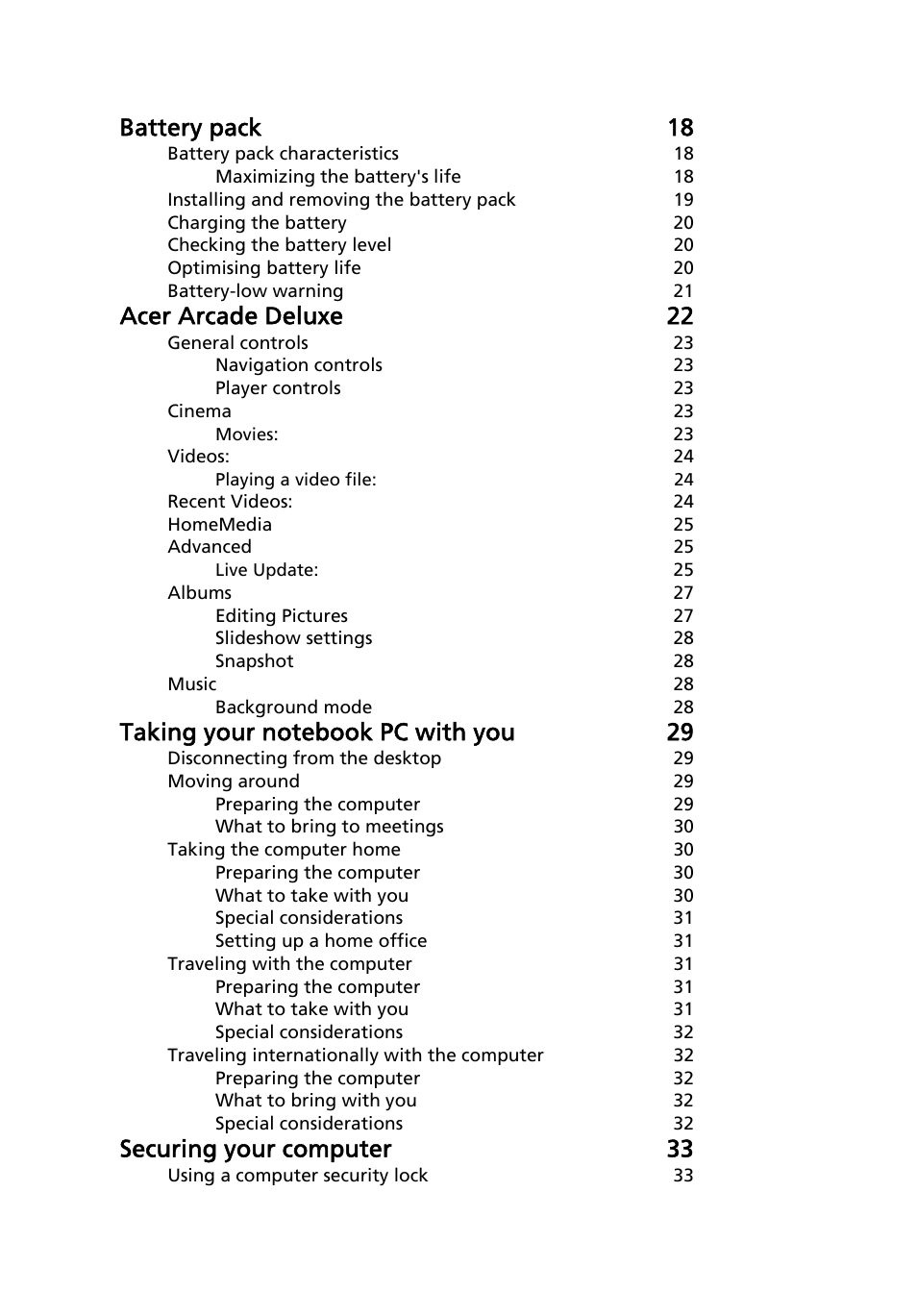 Battery pack 18, Acer arcade deluxe 22, Securing your computer 33 | Acer Aspire 5737Z User Manual | Page 18 / 82