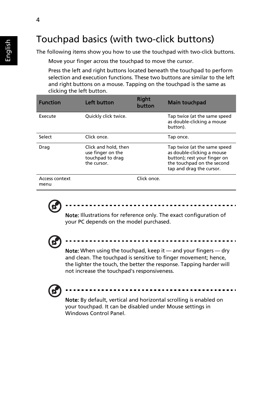 Touchpad basics (with two-click buttons), English | Acer Aspire 5737Z User Manual | Page 24 / 82
