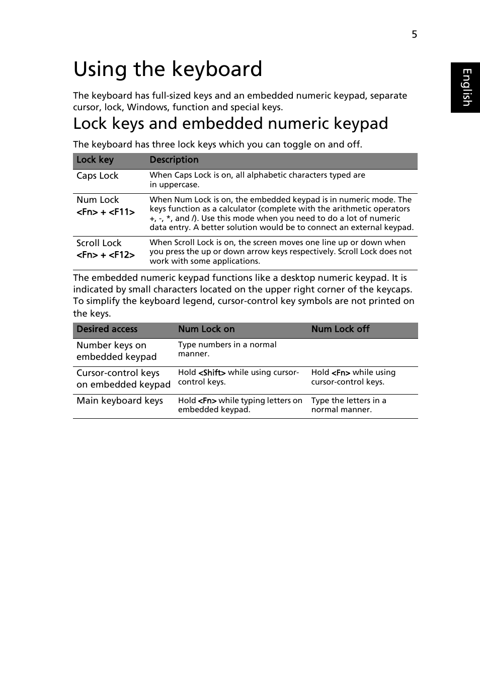 Using the keyboard, Lock keys and embedded numeric keypad | Acer Aspire 5737Z User Manual | Page 25 / 82