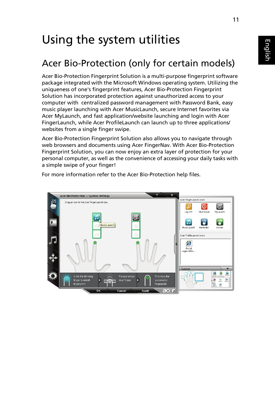 Using the system utilities, Acer bio-protection (only for certain models) | Acer Aspire 5737Z User Manual | Page 31 / 82