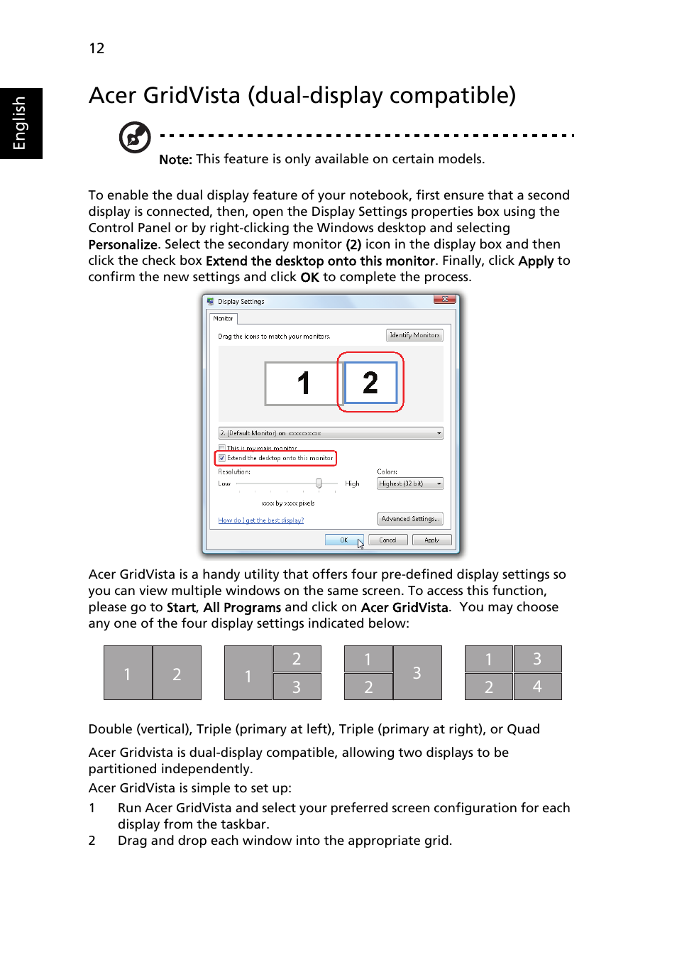Acer gridvista (dual-display compatible) | Acer Aspire 5737Z User Manual | Page 32 / 82