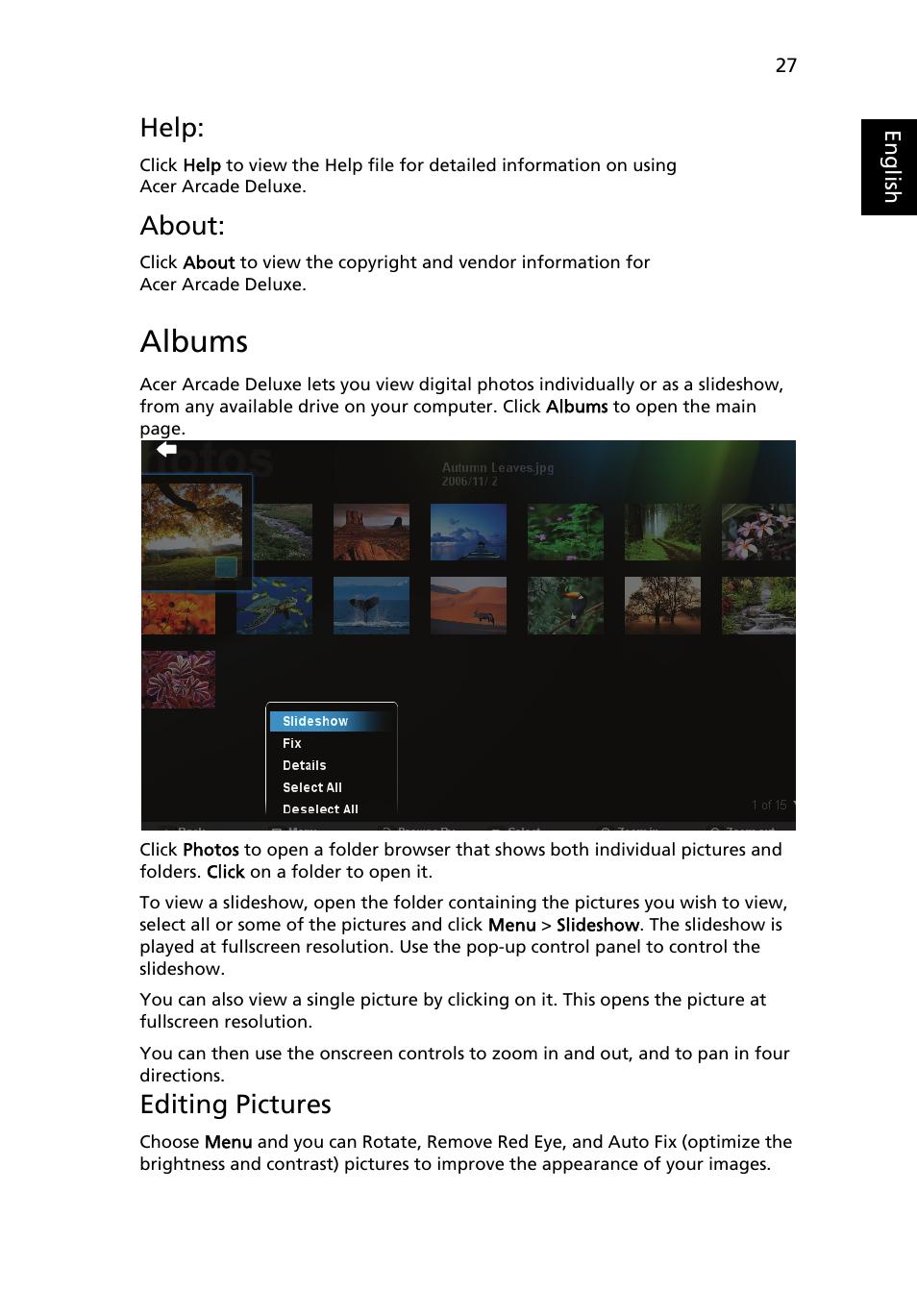 Albums, Editing pictures, Help | About | Acer Aspire 5737Z User Manual | Page 47 / 82