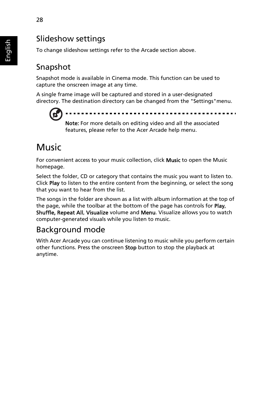 Music, Slideshow settings, Snapshot | Background mode | Acer Aspire 5737Z User Manual | Page 48 / 82
