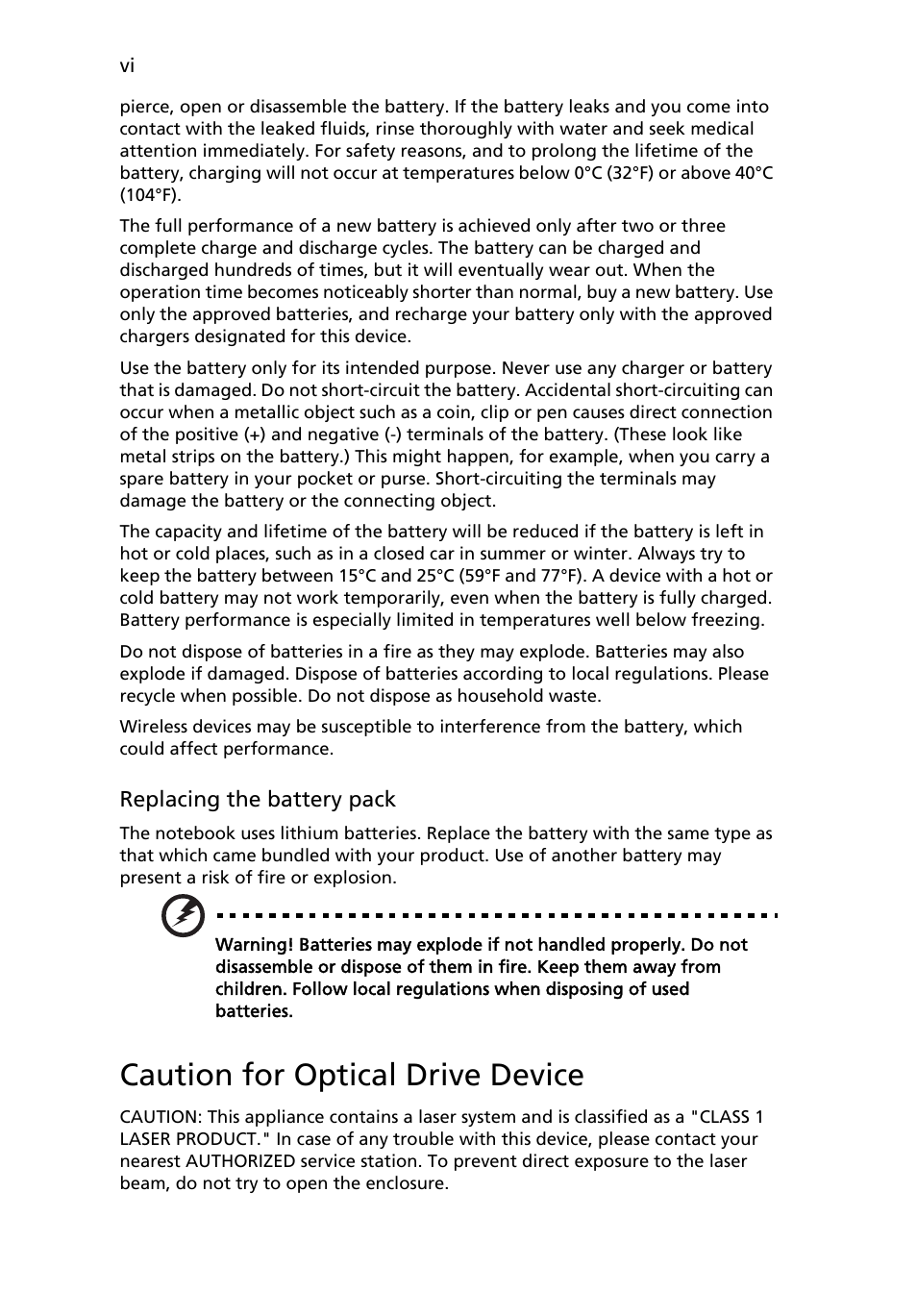 Caution for optical drive device | Acer Aspire 5737Z User Manual | Page 6 / 82
