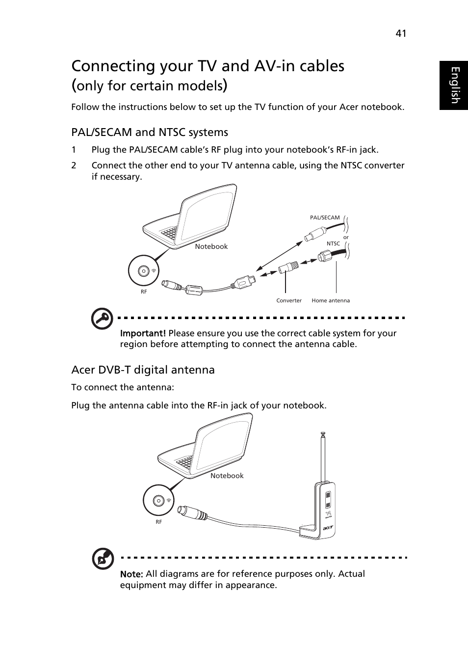 Connecting your tv and av-in cables, Only for certain models, Eng lis h | Pal/secam and ntsc systems, Acer dvb-t digital antenna | Acer Aspire 5737Z User Manual | Page 61 / 82