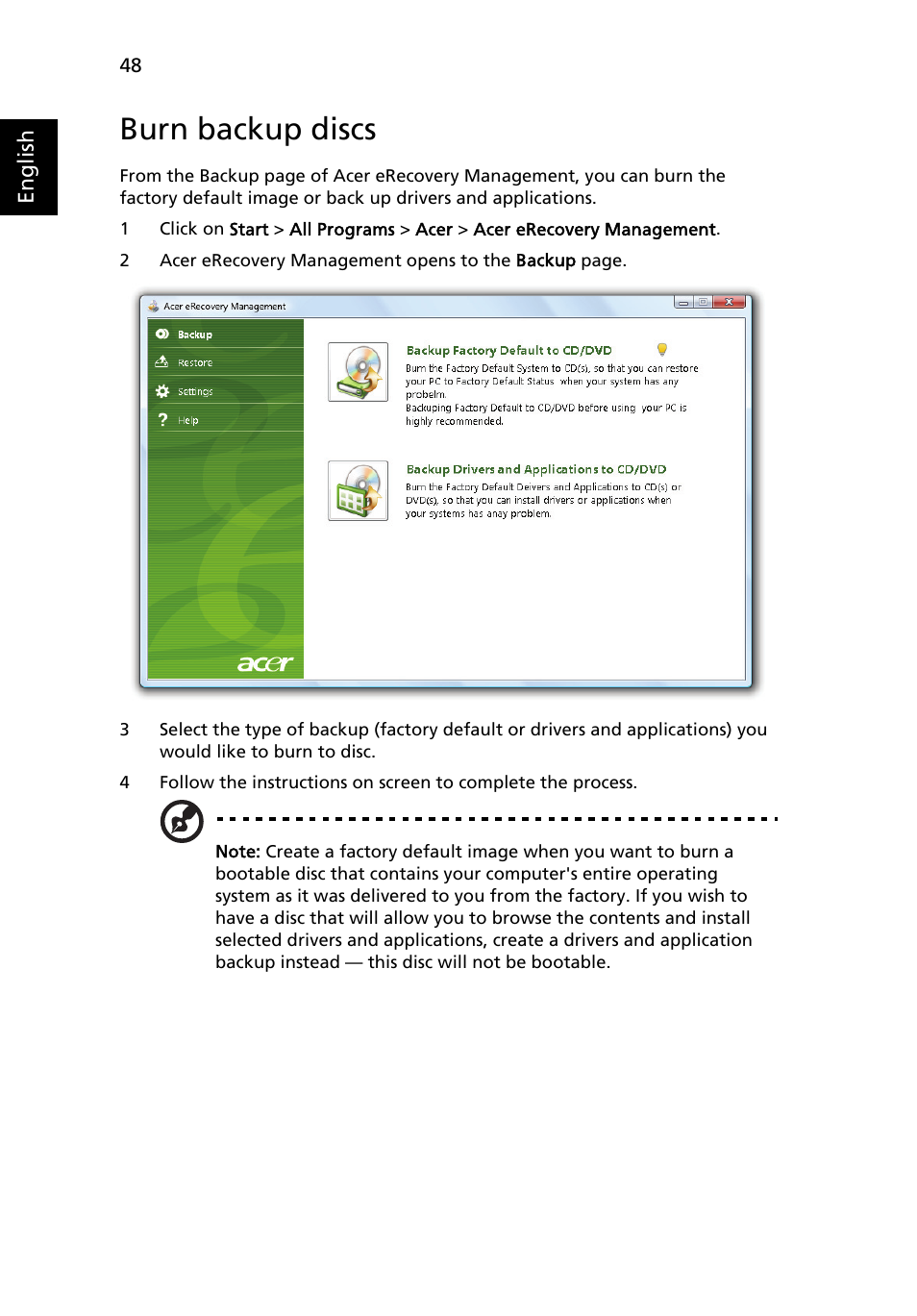 Burn backup discs | Acer Aspire 5737Z User Manual | Page 68 / 82